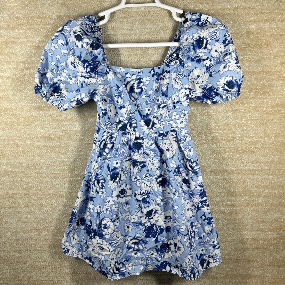 Copper Key Girls Floral Puff Sleeve Mini Dress Cotton Blend Blue XS